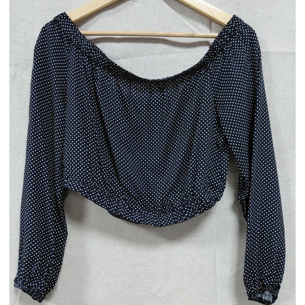 BCBGeneration Polka Dot Off Shoulder Top Black Woven Long Sleeve Women Size M